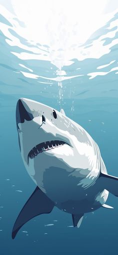 a drawing of a shark swimming in the ocean with sunlight coming through it's mouth