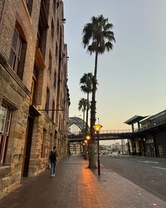 two people are walking down the street in front of some tall buildings and palm trees