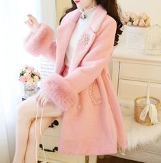 Gorgeous White and Pink Cashmere Autumn and Winter Coats · KoKo Fashion · Online Store Powered by Storenvy Y2k Aesthetic Fashion, Pink Winter, Pink Coat, Woolen Coat, Mesh Panel, Online Fashion Stores, Outerwear Coats, Aesthetic Fashion, Long Coat