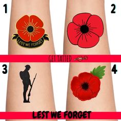 "Welcome to our Creative Zone for your tattoo needs.  Check out our Remembrance Day tattoos. We give £1 from every order to charity x ---------------------------------------------------------------------------------------------------------------------------------------------------  * WHAT YOU RECEIVE * The Quantity of tattoos you have requested --------------------------------------------------------------------------------------------------------------------------------------------------- * SIZE: * Approx. 2 inches. Perfect size for a wrist tattoo. Should you require anything bigger please do get in contact.  --------------------------------------------------------------------------------------------------------------------------------------------------- * SHIPPING: * We aim to ship all o Poppy Remembrance Tattoo, Remembrance Day Tattoos, Lest We Forget Tattoo, Poppy Tattoos, Flower Tattoo Stencils, Poppy Flower Tattoo, Flash Designs, Remembrance Poppy, Flower Tattoo Back