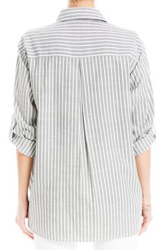 An oversized silhouette adds laid-back appeal to a timeless button-up tunic framed by roll-tab sleeves. 29 5/8" length Spread collar Long sleeves with roll-tab cuffs 55% polyester, 45% rayon Machine wash, line dry Imported Relaxed Long Sleeve Top With Button Closure, Casual Striped Tops With Roll-up Sleeves, Casual Gray Button-up Blouse, Oversized Striped Button-up Top, Oversized Button-up Top With Roll-up Sleeves, Casual Gray Tops For Daywear, Striped Tops With Button Cuffs And Relaxed Fit, Oversized Gray Casual Blouse, Casual Oversized Gray Blouse