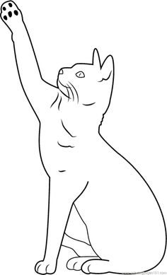 a black and white drawing of a cat with its paw in the air, reaching up to