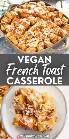 vegan french toast casserole on a white plate with the title in the middle