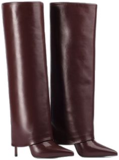 Elegant Brown Knee-high Boots For Evening, Elegant Burgundy Knee-high Boots, Elegant Burgundy Boots With Leather Lining, Elegant Red Knee-high Boots With Pointed Toe, Elegant Red Leather Knee-high Boots, Elegant Burgundy Boots For Work, Elegant Burgundy Boots For Workwear, Elegant Burgundy Workwear Boots, Layered Design