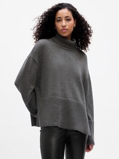 24/7 Split-Hem Turtleneck Sweater | Gap Factory Funnel Neck Sweater With Ribbed Cuffs For Layering, Ribbed Turtleneck Sweater For Loungewear, Ribbed Sweatshirt For Fall Loungewear, Fall Turtleneck Sweater With Ribbed Collar, Relaxed Fit Turtleneck Sweater With Ribbed Cuffs, Ribbed Relaxed Fit Turtleneck Sweater, Stretch Sweater With Ribbed Neckline For Fall, Relaxed Fit Ribbed Turtleneck Sweater, Relaxed Fit Fall Sweater With Ribbed Cuffs