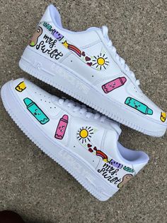 Teacher Air Force 1, Smiley Face Air Force 1, Pencil Shoes Painted, Teacher Sneakers, Hand Painted Teacher Shoes, Teacher Core, Daycare Outfits, Rugrats Air Force 1, Teacher Appropriate Outfits