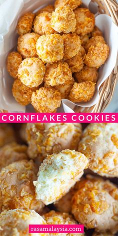 cornflakes cookies with text overlay that reads cornflakes cookies, and an image of cornflakes in a basket