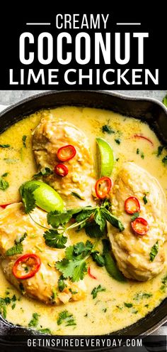 creamy coconut lime chicken in a skillet with red peppers and cilantro