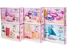 three dolls houses with furniture and accessories in them