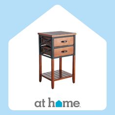 a small wooden table with two drawers on the bottom and an at home logo above it