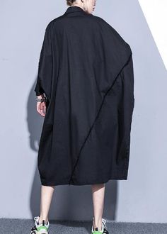 Oversized Black Cotton Dress, Oversized Black Patchwork Dress, Casual Black Irregular Dress, Black Dress With Asymmetrical Hem, Oversized Black Asymmetrical Outerwear, Black Asymmetrical Hem Dress, Black Cotton Summer Outerwear, Black Cotton Outerwear For Summer, Casual Black Dress With Stand Collar