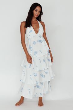 Maxi Dress White, Ruffle Maxi Dress, Iron Material, Ruffled Maxi Dress, White Maxi Dresses, Printed Maxi, Blue Jacket, Blue Print, Printed Maxi Dress