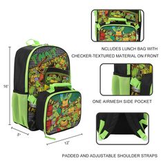 Your little TMNT fan can feel like a superstar when they carry around this officially licensed backpack and lunchbox combo set! The 16-inch backpack has been custom-designed with bright, colorful graphics of Donatello, Michelangelo, Leonardo, and Rafael. A front zippered pocket keeps smaller objects within easy reach, while the mesh side water bottle pockets help your little one stay hydrated throughout the day. Meanwhile, the insulated lunchbox boasts additional turtle graphics, and features a Colorful Graphics, Plush Backpack, Insulated Lunch Box, Boys Accessories, Stay Hydrated, Laptop Pocket, Mutant Ninja, Teenage Mutant Ninja Turtles, Teenage Mutant Ninja