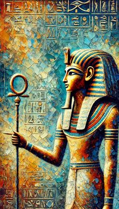 an egyptian painting with gold and blue colors, depicting the god osirit in ancient egypt