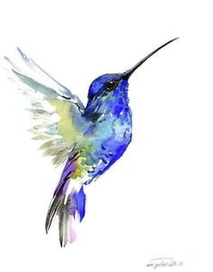 a watercolor painting of a hummingbird flying with its wings spread out and it's head turned to the side