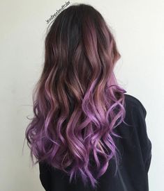 Long Brown To Purple Ombre Hair Brown To Purple Ombre, Dyed Ends Of Hair, Purple Hair Color Ombre, Pastel Purple Hair, Hair Caramel, Rambut Brunette, Dyed Hair Pastel, Blue Ombre Hair