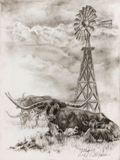 a black and white drawing of longhorns in front of a windmill