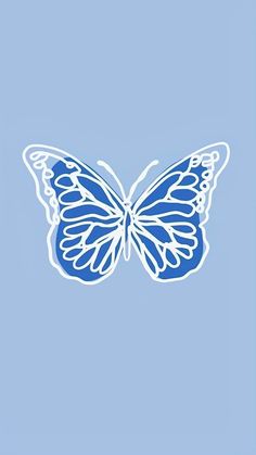 a blue butterfly with white outlines on it's wings, against a light blue background