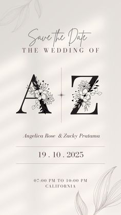 an elegant wedding save the date card with flowers and leaves in black on white paper