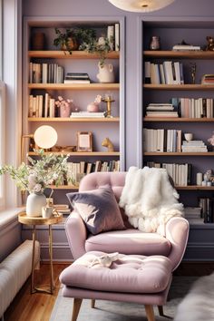 a living room filled with furniture and bookshelves next to a window covered in lots of books