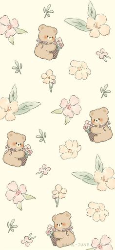 a teddy bear with flowers and leaves on it's back wallpaper is shown