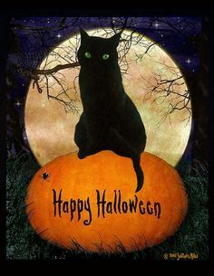 a black cat sitting on top of a pumpkin in front of a full moon with the words happy halloween