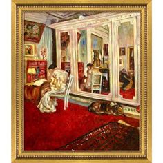 an oil painting of a bedroom with red carpet and white walls, two people in the mirror