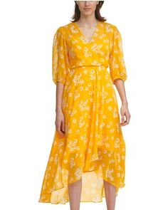 CALVIN KLEIN Plus Size 20W Golden Yellow Floral Print Hi-Low Hem Dress Calvin Klein White Dress, Weather Dress, Midi Dress Plus Size, Tie Neck Dress, Beaded Cocktail Dress, Blue Sleeveless Dress, White Floral Dress, Dress Yellow, Ruffle Hem Dress