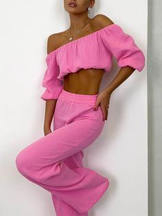 Cotton Blends Pants Set Off Shoulder Long Sleeve Top, Lounge Outfit, Top And Pants Set, Mini Robes, Top Pants Set, Casual Suit, Shoulder Crop Top, Off Shoulder Tops, Cotton Pants