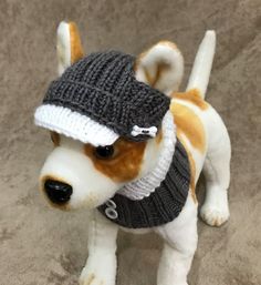 a small stuffed dog wearing a knitted hat and scarf on top of it's head