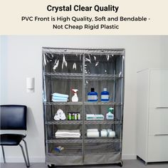 a metal shelf filled with lots of cleaning products next to a black chair and white cabinet