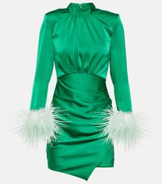 Feather-trimmed cutout satin minidress in green - Self Portrait | Mytheresa Fitted Satin Dress With Feather Trim, Winter Cocktail Mini Dress With Feathers, Cocktail Long Sleeve Mini Dress With Feathers, Long Sleeve Feathered Cocktail Mini Dress, Cocktail Mini Dress With Feathers And Long Sleeves, Evening Mini Dress With Feathers For Winter, Feathered Mini Dress For Winter Evenings, Winter Evening Mini Dress With Feathers, Winter Long Sleeve Mini Dress With Feathers