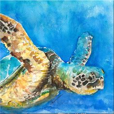 a painting of a green sea turtle swimming in the ocean with blue water behind it