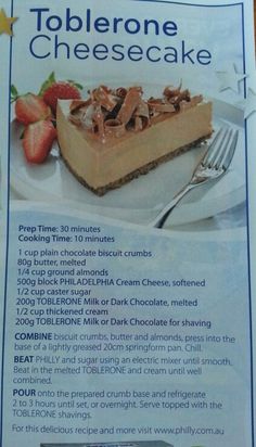 a recipe for toblerone cheesecake on a plate