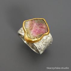 "Raw Glamour Tourmaline Ring, Organic Style Pastel Gem Ring, Gilded Rhodium Plated Tourmaline Ring, Watermelon Tourmaline Chunky Elegant Ring Raw texture ring with beautiful pastel tourmaline.  Partially gilded with a layer of 1 micron of 24-carat gold, partially rhodium-plated. Rustical with a touch of glam. Materials:  Sterling silver (925 silver), tourmaline Plating: Gold Rhodium The ring can be custom-made in any size, also with a different stone. Due to the fact that each piece is made by hand with a unique stone, it can slightly vary from the one in the photos. Each movement of a hand holding a torch, each blow of a hammer is a bit different and one of a kind. Because of that, the ring will be very similar but not identical. Please check out the detailed size charts for S, M, and L s Handmade Tourmaline Ring For Anniversary, Handmade Tourmaline Ring Jewelry, Handmade Tourmaline Ring, Wide Wedding Rings, Watermelon Tourmaline Ring, Organic Style, Textured Ring, Gem Ring, Tourmaline Ring