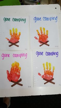 four handprints with words on them that read gone camping, gone camping and gone camping