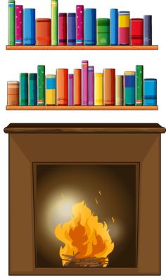 a fireplace with books on the shelves above it