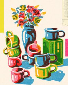 an image of colorful coffee cups and vases