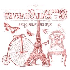 a pink drawing of the eiffel tower with a chair and bird on it