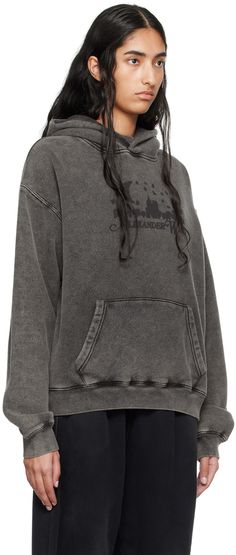 Relaxed-fit brushed French terry hoodie. · Logo printed at chest · Kangaroo pocket · Rib knit hem and cuffs · Dropped shoulders Supplier color: Washed charcoal Winter Hoodie With Kangaroo Pocket In Washed Black, Hoodie Logo, French Terry Hoodie, Top Collection, Active Wear For Women, Alexander Wang, Kangaroo Pocket, French Terry, Kangaroo