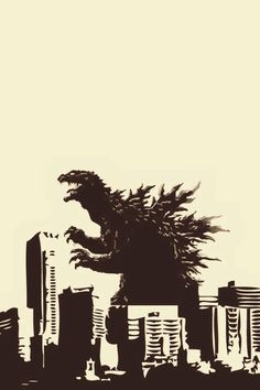 a godzilla standing in front of a city skyline with skyscrapers and tall buildings behind it