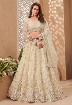 Beige net embroidered lehenga choli 1043  Desc:  Style : Circular Lehenga Choli Color : Beige Fabric : Net Work : Embroidery Wash Care : Dry clean Sleeve Style : Full Sleeve Long Sleeves : Done only in Custom Stitch Sleeves Lining : Done only in Custom Stitch Bust Size : 32 to 42 Inches Occasion : Wedding   Diwali   Mehendi   Sangeet   Engagement   Reception   Ceremonial   Baby Shower. With Express Free Shipping and Custom Stitching, Buy Indian Wedding Party Wear Saree Beige net embroidered lehe Lehenga With Belt, Mehendi Dress, Engagement Lehenga, Gold Lehenga, Indian Lehenga Choli, Yellow Lehenga, Green Lehenga, Lehenga Style, Net Lehenga