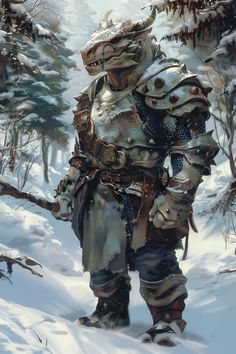 a painting of a man in armor standing in the snow with trees behind him and one foot on his hip