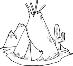 a drawing of a teepeel sitting on the ground with mountains in the background