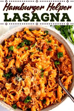 a bowl filled with hamburger helper lasagna