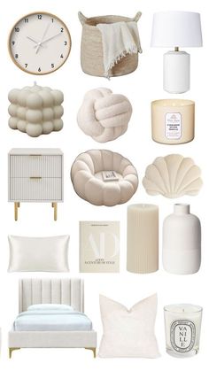 a collage of white furniture and accessories including a bed, nightstand, table lamp, mirror, clock, vase, candle holder