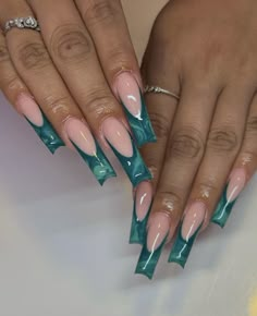 Frenchie Nail Design, Teal Coffin Acrylic Nails, Frenchies Acrylic Nails Long, Teal Green Nail Designs, Teal Long Nails, Teal Nails For Prom, Teal Nail Inspo Acrylic, Turquoise Nails Coffin, Teal Nails Design