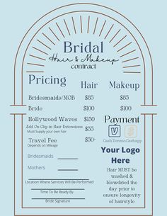 Bridal Hair and Makeup contract template, modern bridal hair and makeup template Makeup Contract, Modern Bridal Hair, Makeup Template, Wedding Contract, Bridal Hair Makeup, Hollywood Waves, Contract Agreement, Contract Template, Modern Bridal