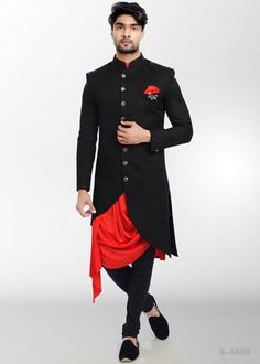 Item details Handmade item Materials Raw Silk, Imported Fabric With Self Printed Jodhpuri Suit/Achkan/ Blazer Color black & Red Slight Variation in Color Possible due to Lighting Effect/Monitor Resolution and Photography . Exclusive Cowl Kurta with ind western Designer Sherwani. RAW Silk Style : Ethnic Men's wear Top Details : Color -Black & red Fabric - Raw Silk , Work - Solid Churidar pajama Free Size Included in the package. Additional Information 1Mojris, Stoles, Turban And Other Acc Designer Fitted Kurta For Groom, Traditional Fitted Raw Silk Sherwani, Ceremonial Raw Silk Nehru Jacket With Traditional Drape, Ceremonial Nehru Jacket In Raw Silk With Traditional Drape, Designer Traditional Drape Set For Groom, Ceremonial Nehru Jacket In Raw Silk, Traditional Long Sleeve Bandhgala For Ceremonial Occasions, Traditional Long Sleeve Bandhgala For Ceremonial Events, Red Bandhgala For Formal Occasions