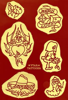 various tattoos on a red background with white writing in the shape of zodiac signs and symbols